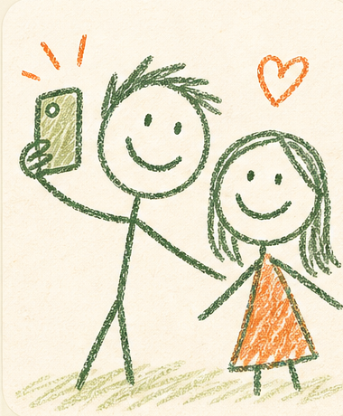 A hand-drawn stick figure selfie reminder
